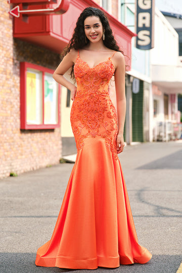 Orange Mermaid Spaghetti Straps Corset Beaded Long Prom Dress